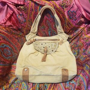 Fossil canvas and leather large purse shoulder bag beige floral